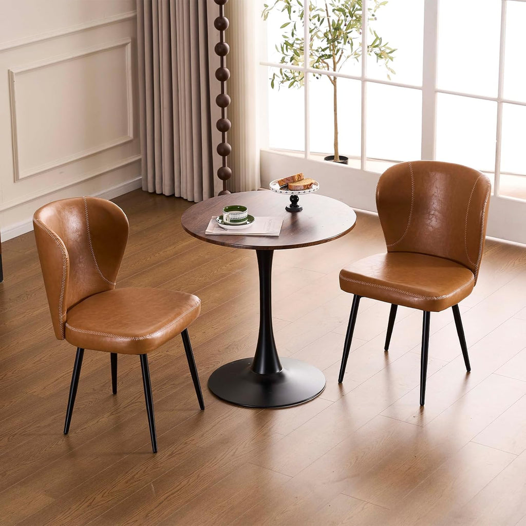 Dining Chairs Set of 2, Upholstered Synthetic Leather Kitchen Chairs, Mid-Century Modern Dining Room Chairs with Thick Cushion, Stitching Backrest and Metal Legs, Brown