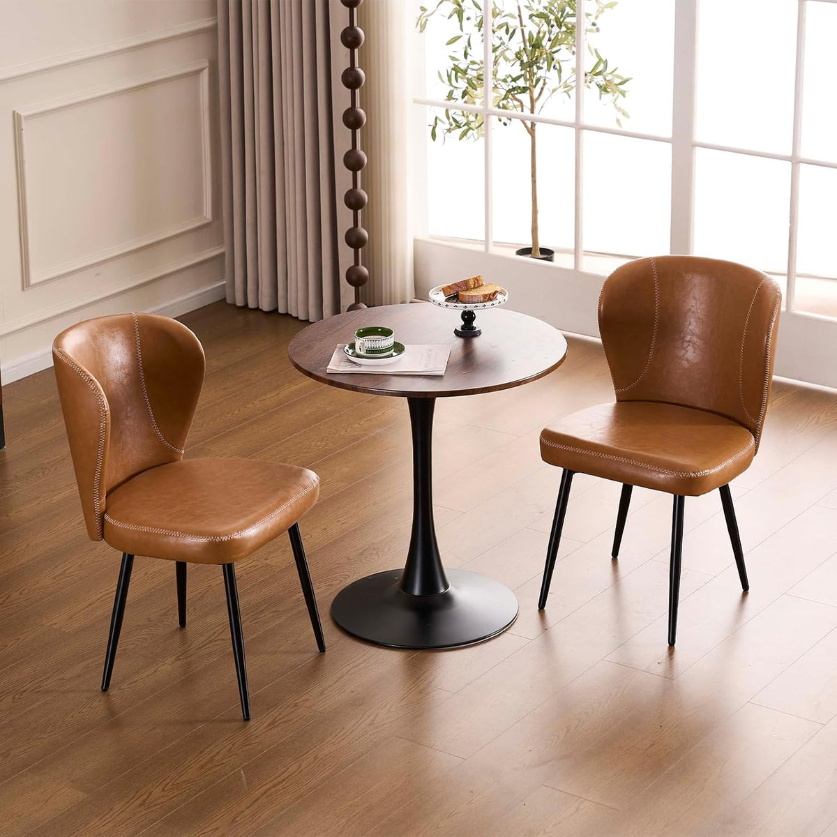 Dining Chairs Set of 2, Upholstered Synthetic Leather Kitchen Chairs, Mid-Century Modern Dining Room Chairs with Thick Cushion, Stitching Backrest and Metal Legs, Brown