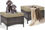 Set of 2 Outdoor Patio Ottomans, All-Weather PE Rattan Wicker Furniture for Backyard Porch Deck Poolside, Sturdy Steel Frame, Khaki