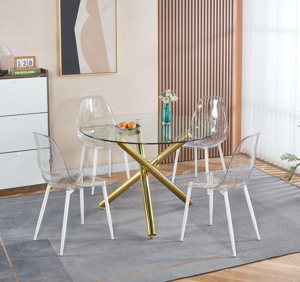 Modern Dining Room Table for 4 People, 36" Round Dining Table with Gold Chrome Metal X-Base, Circle Tempered Glass Dining Room Tables, Small Dining Table Kitchen Tables Dinner Tables