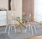 Modern Dining Room Table for 4 People, 36" Round Dining Table with Gold Chrome Metal X-Base, Circle Tempered Glass Dining Room Tables, Small Dining Table Kitchen Tables Dinner Tables