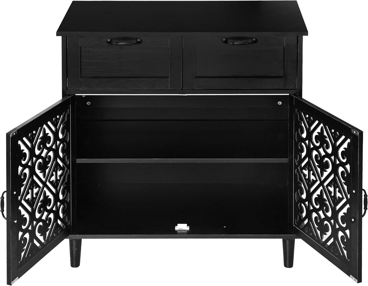 Sideboard Cabinet with 2 Doors & 2 Drawers - Adjustable Storage Console Table for Living Room, Bathroom - Modern Farmhouse Storage Cabinet with Black Handles