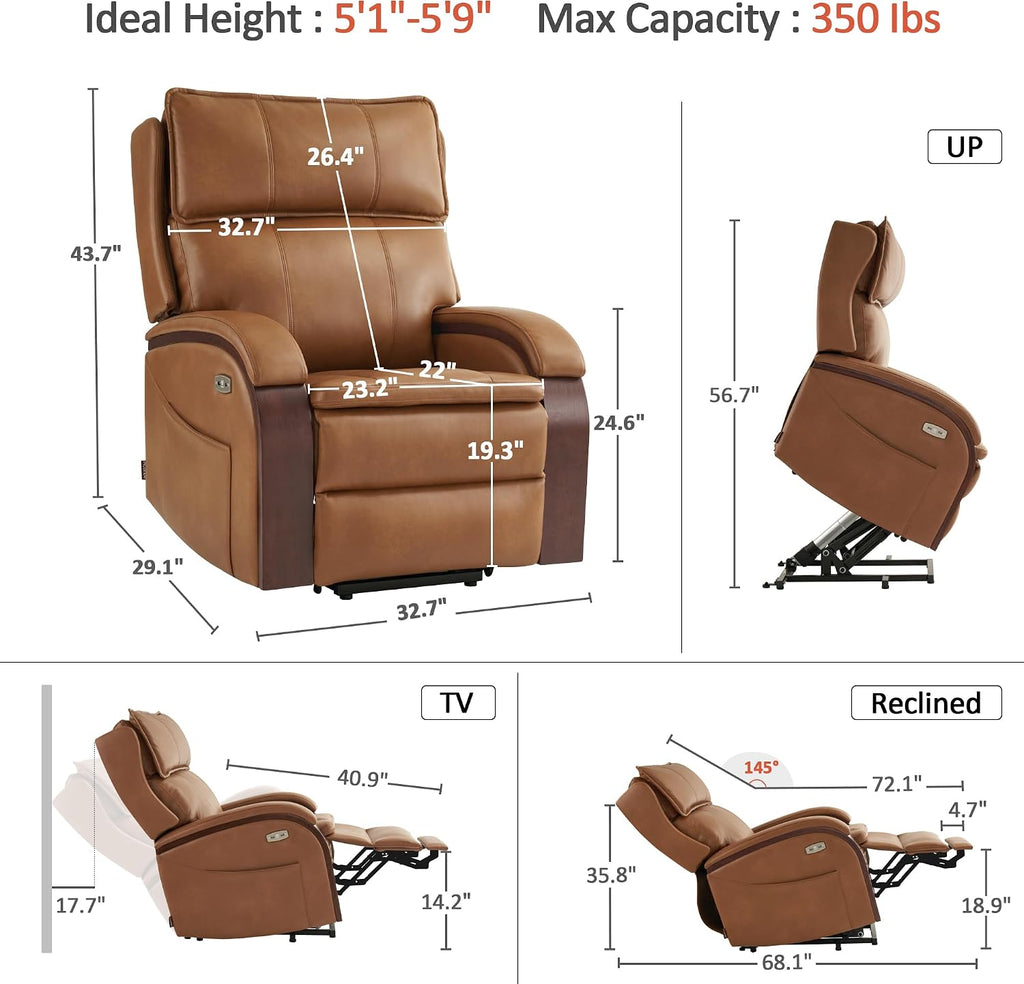 MCombo Power Lift Recliner Chair for Elderly with Power Headrest 7917 | Heat and Massage, Solid Wood Armrest, FSC Certified, USB&Type C Charging Port, Side Pockets, Faux Leather