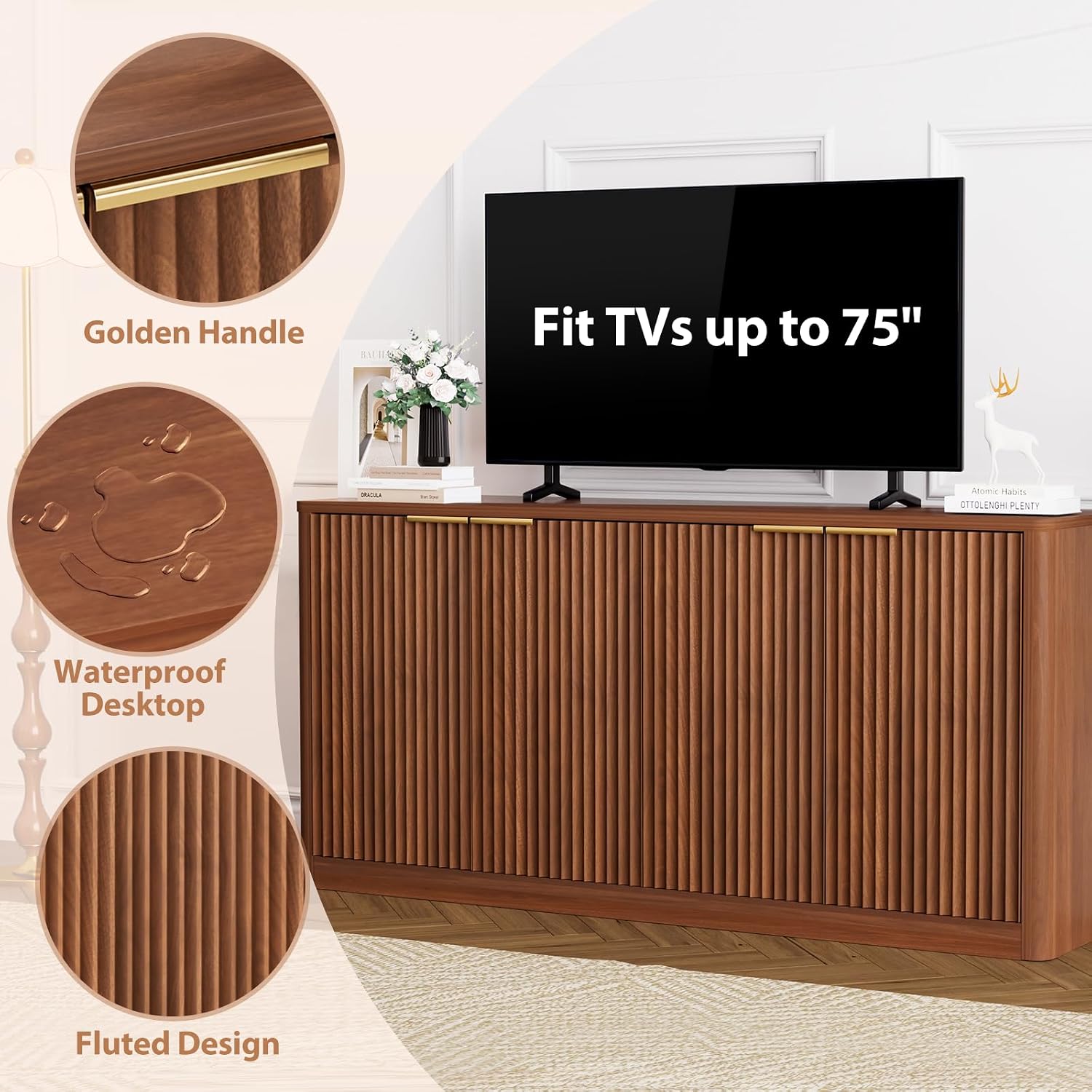 59" Fluted Buffet Sideboard Cabinet with Storage, Wooden 4-Door Sideboard with Adjustable Shelves, Coffee Bar Table for Kitchen, Living Room, Entryway,Walnut