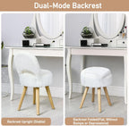 Small Vanity Stool Chair with Storage & Folding Back, Faux Rabbit Fur Soft Padded Seat Ottoman, 4 Solid Wood Legs Anti-Slip Feet, Stool for Vanity Desk for Makeuproom, Bedroom 12.9”x11.8”x27.9”（White）