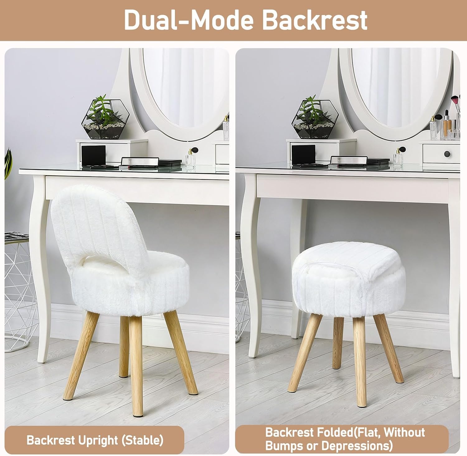 Small Vanity Stool Chair with Storage & Folding Back, Faux Rabbit Fur Soft Padded Seat Ottoman, 4 Solid Wood Legs Anti-Slip Feet, Stool for Vanity Desk for Makeuproom, Bedroom 12.9”x11.8”x27.9”（White）