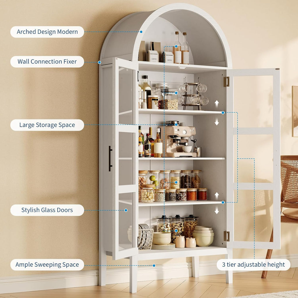 70" Tall Arched Pantry Cabinet with Tempered Glass Doors and LED Lighting - Modern Wood Display Storage with Adjustable Shelves and Acrylic Side Panels - for Kitchen, Dining, Living Room -