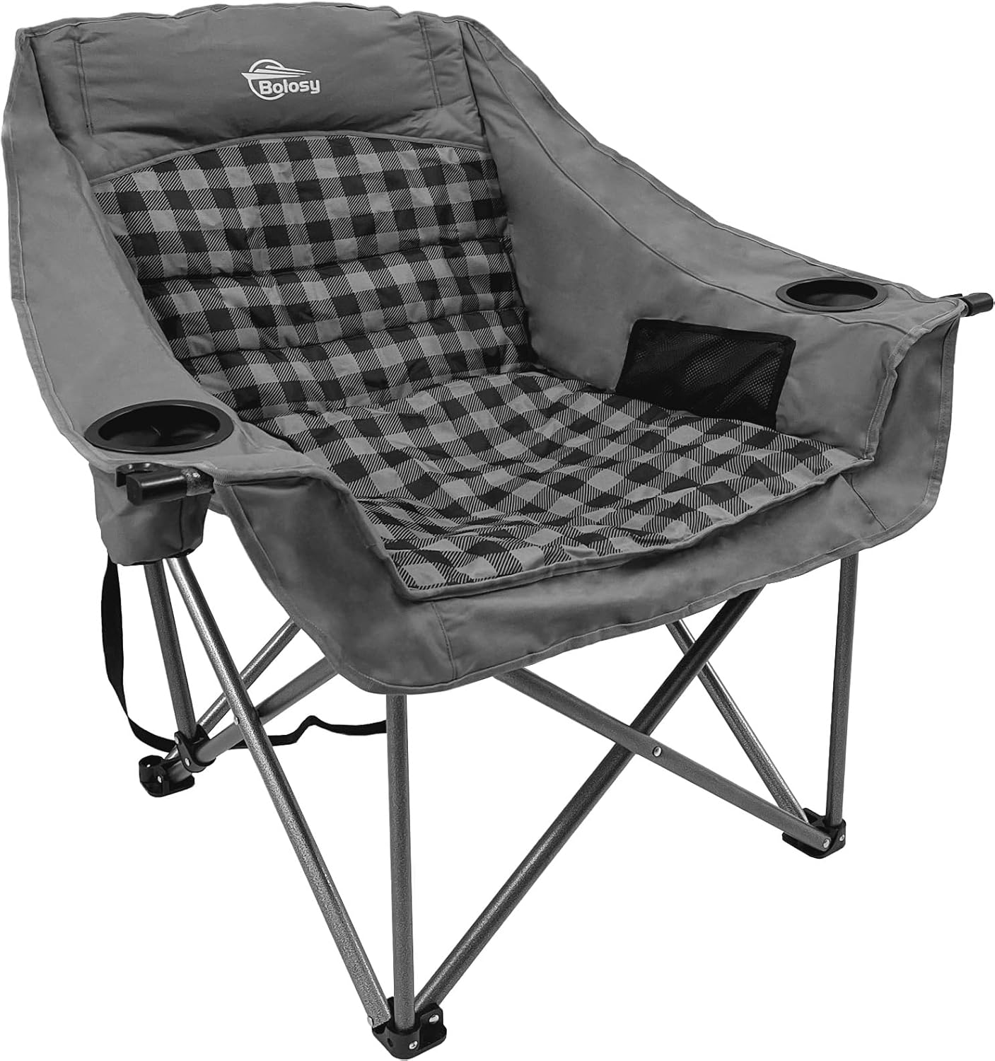 Bolosy Oversized Camping Chairs for Adults Heavy Duty Padded Portable Lawn Chairs Outdoor Folding Chairs XL Camp Chairs with Cup Holder Suproot 500 lbs, Gray Plaid