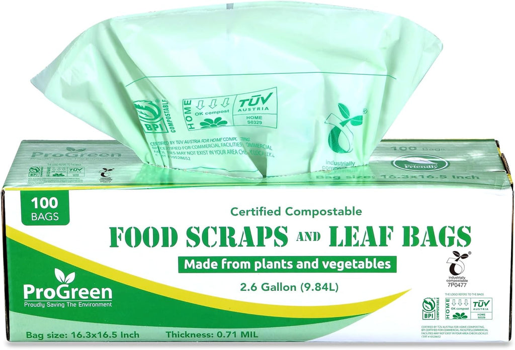 ProGreen Compostable Trash Bags 2.6 Gallon, 100 Count, Extra Thick 0.71 Mil, Small Compost Kitchen Bin Bags, Food Scraps Yard Waste Bags, Compost ASTM D6400 BPI and TÜV AUSTRIA Certified.