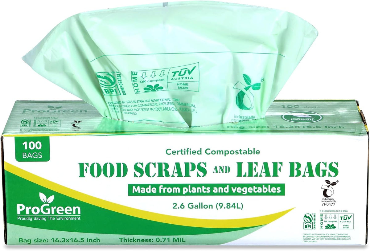 ProGreen Compostable Trash Bags 2.6 Gallon, 100 Count, Extra Thick 0.71 Mil, Small Compost Kitchen Bin Bags, Food Scraps Yard Waste Bags, Compost ASTM D6400 BPI and TÜV AUSTRIA Certified.