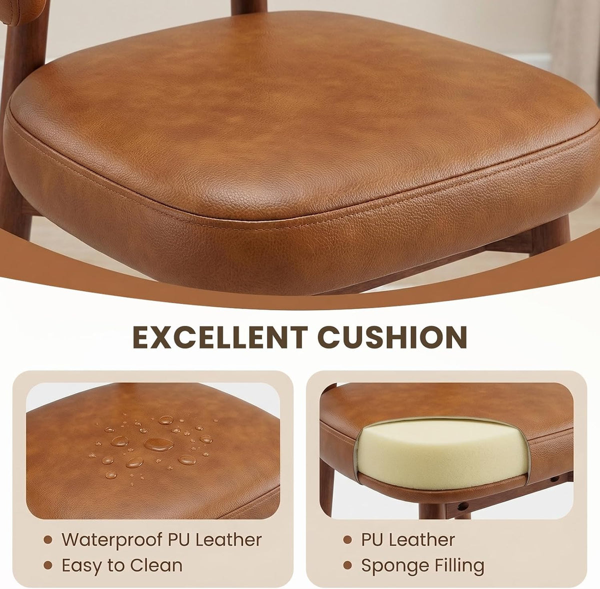 MALOL Wooden Dining Chairs Set of 2, Modern Upholstered Dining Room Chair, PU Leather Kitchen Side Chairs with Curved Open Back for Living Room/Restaurant/Cafe, Brown