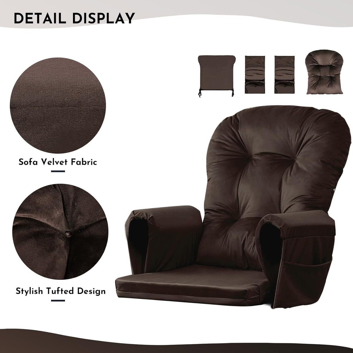 Lucky Monet 5Pcs Glider Rocker Replacement Cushions - Velvet Glider Cushions Replacement Set with Side Storage Pockets, Thick Glider Chair Cushions Washable & Non Slip, Cushion ONLY - Brown