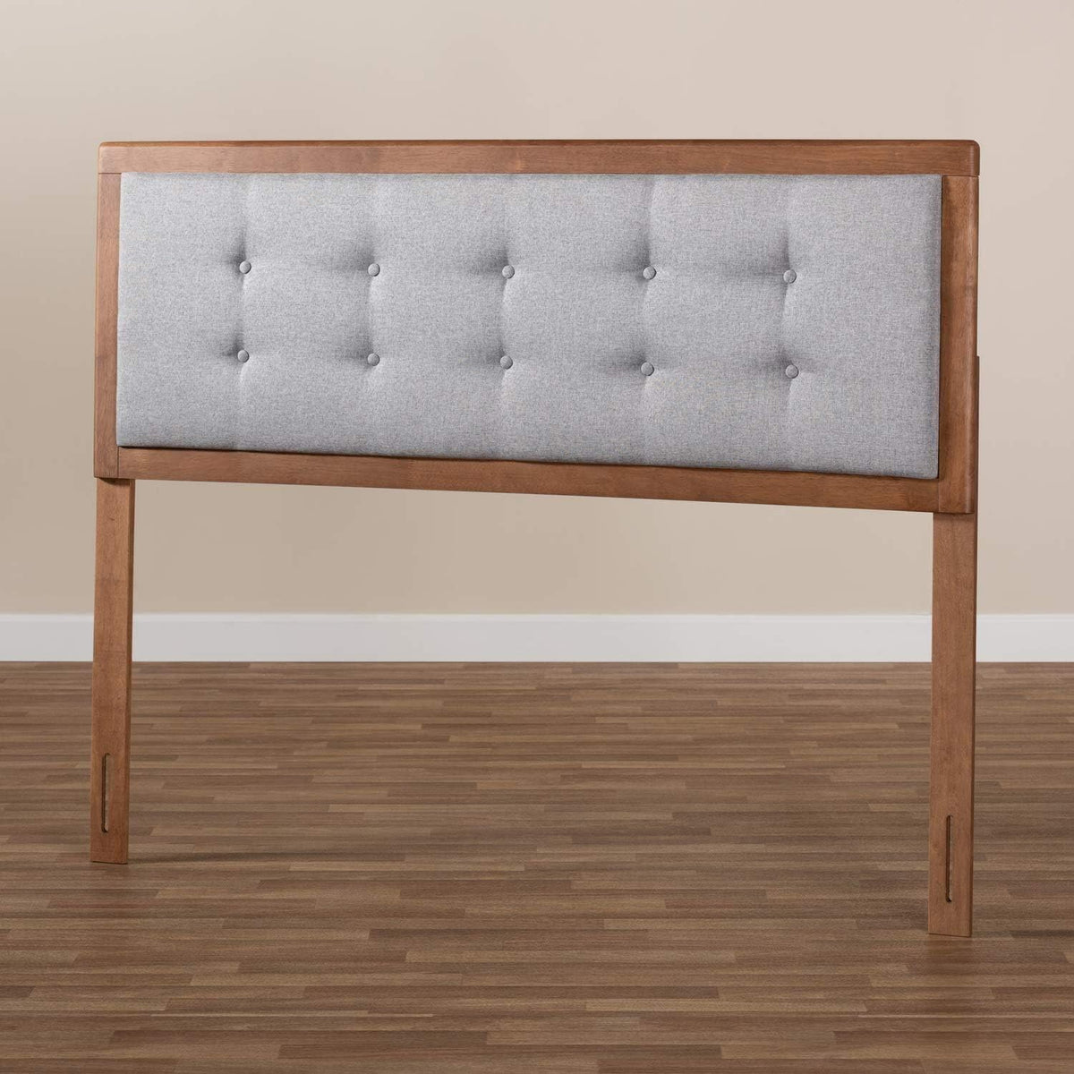 HomeStock Upholstered Headboard, Walnut Brown, Wall Mount, Mid-Century Modern Style Queen/Light Gray