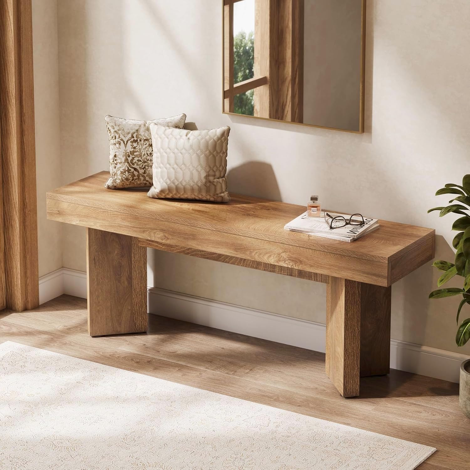 Tribesigns Wooden Entryway Bench, 47" Farmhouse Indoor End of Bed Bench, Long Dining Benches Seat for Bedroom, Dining Room, Hallway, Foyer (Rustic Brown)