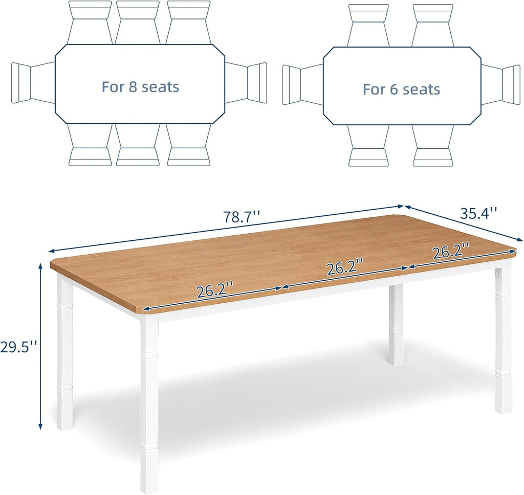 IDEALHOUSE 79" Dining Table for 6-8 People, Modern Rectangular Kitchen Table with Sturdy Metal Legs, Large Wood Farmhouse Dining Room Table for Home Office, Conference, White & Oak