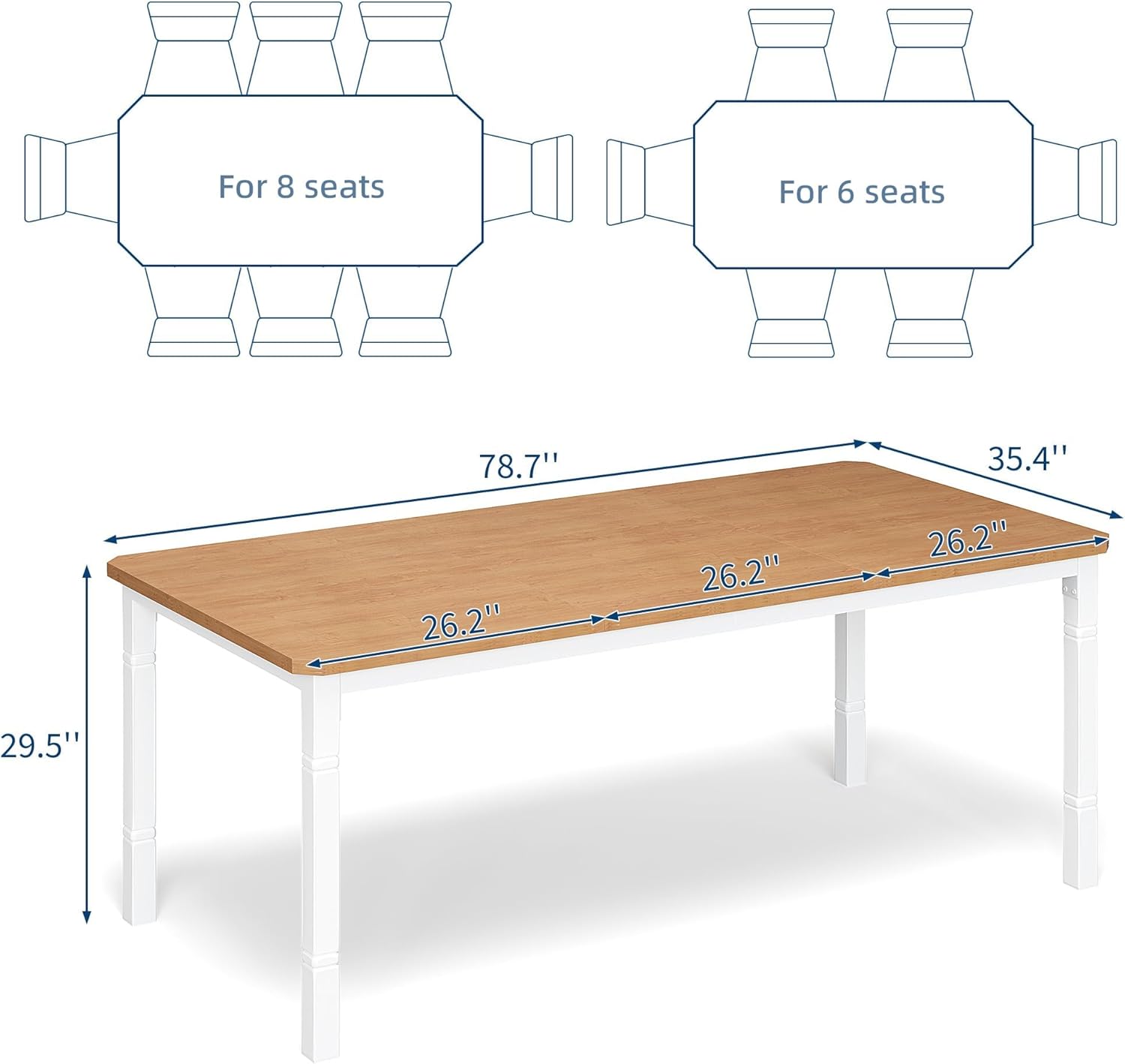IDEALHOUSE 79" Dining Table for 6-8 People, Modern Rectangular Kitchen Table with Sturdy Metal Legs, Large Wood Farmhouse Dining Room Table for Home Office, Conference, White & Oak
