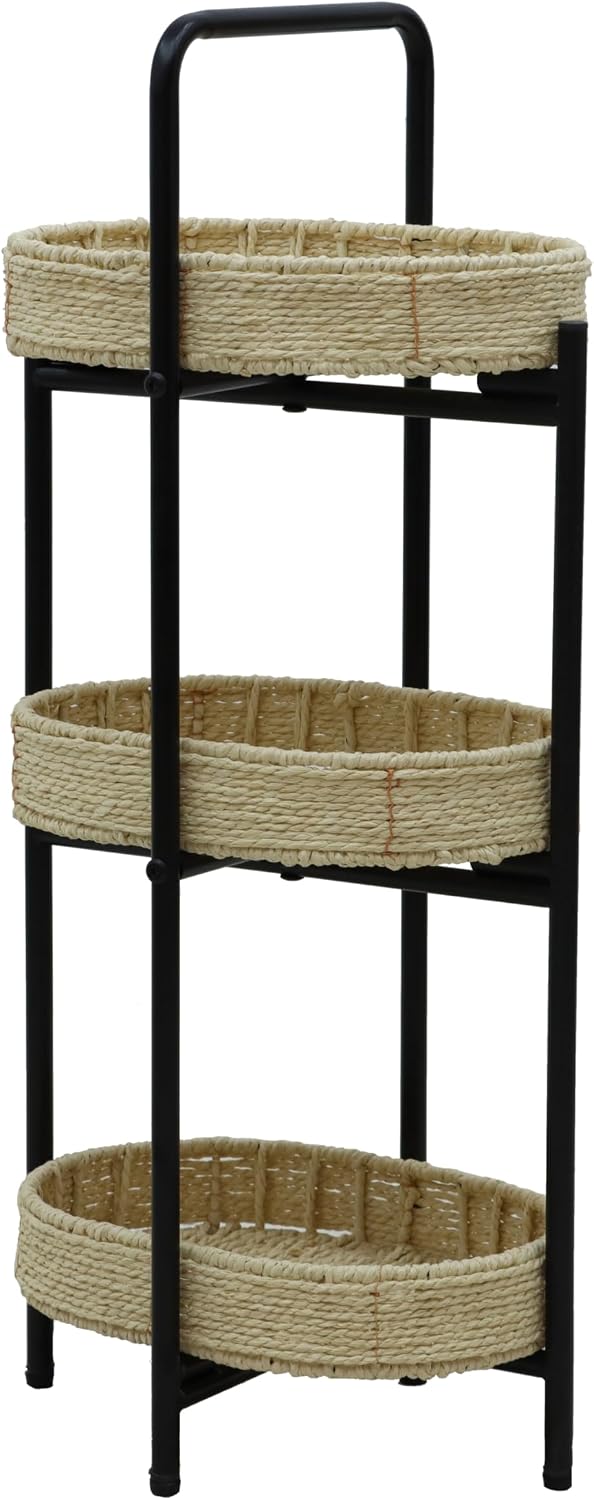 3-Tier Seagrass Woven Side Table, Oval Storage Basket with Trays,Farmhouse Coastal End Table for Living Room, Kitchen, Balcony,Foldable Shelves (Natural)