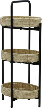 3-Tier Seagrass Woven Side Table, Oval Storage Basket with Trays,Farmhouse Coastal End Table for Living Room, Kitchen, Balcony,Foldable Shelves (Natural)