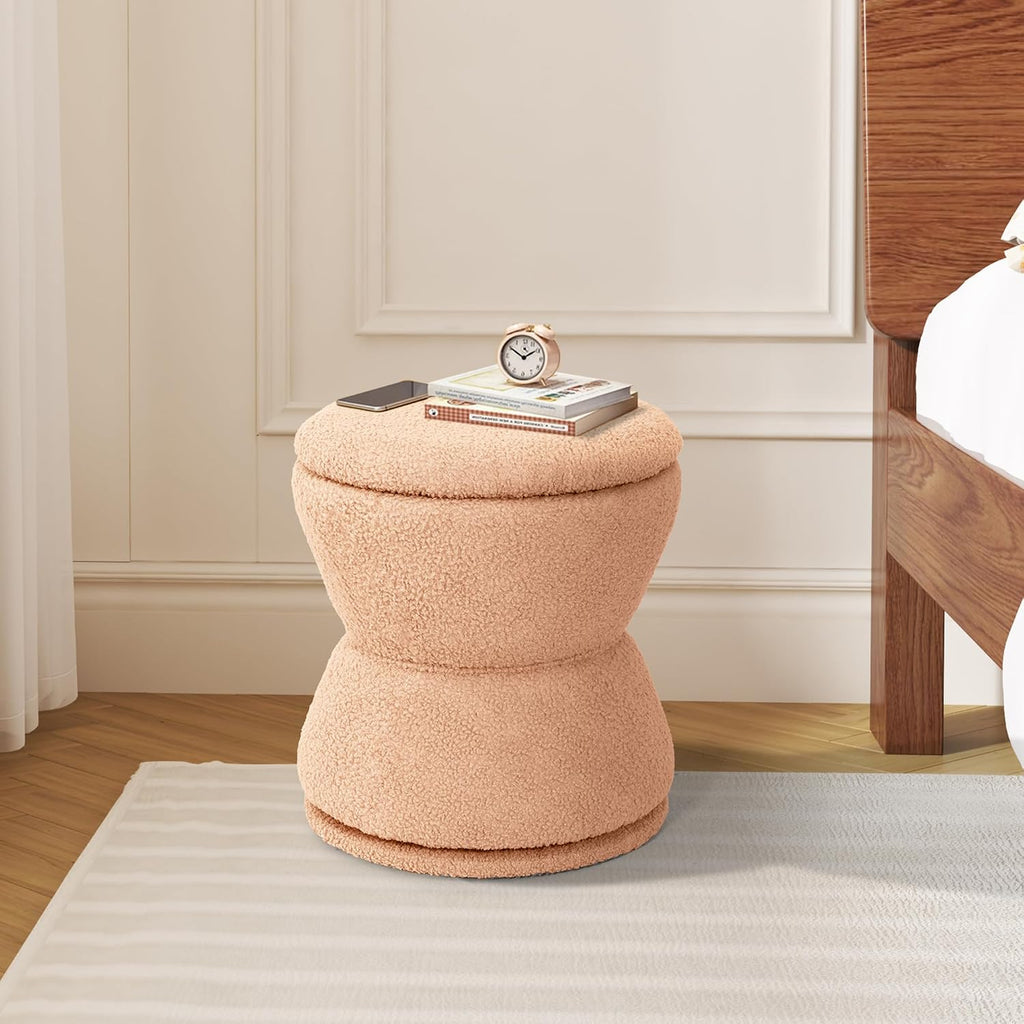 EazeHome Round Ottoman with Storage, Swivel Boucle Ottoman Vanity Stool, Upholstered Footstool with Storage Removable Lid, Modern Round Footrest Coffee Table for Living Room, Dorm, Makeup Room, Coral