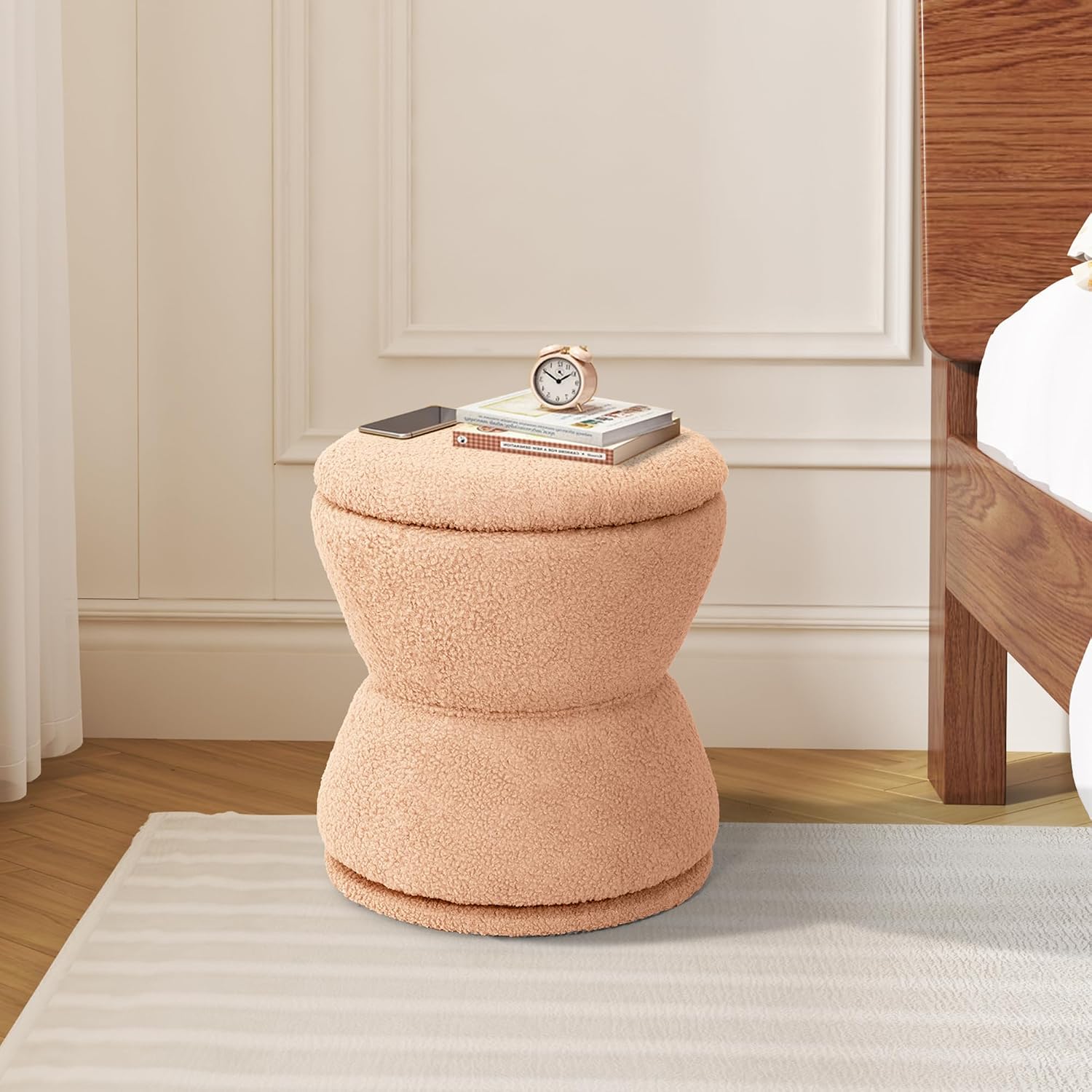 EazeHome Round Ottoman with Storage, Swivel Boucle Ottoman Vanity Stool, Upholstered Footstool with Storage Removable Lid, Modern Round Footrest Coffee Table for Living Room, Dorm, Makeup Room, Coral