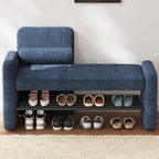 Miuuod 40.94" Navy Blue Upholstered Shoe Storage Bench with Adjustable Backrest,2-Tier Entryway Cabinet Ottoman,Bedroom Stool with Cushion, Narrow Hallway Organizer Shelf Seat for Living Room & Dorm