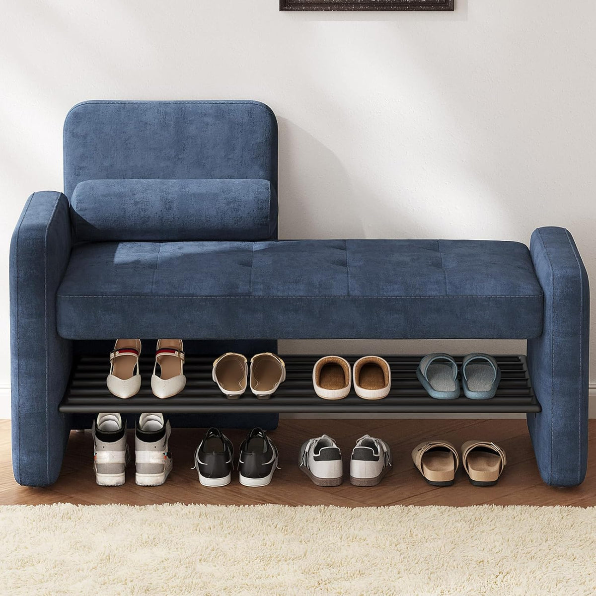 Miuuod 40.94" Navy Blue Upholstered Shoe Storage Bench with Adjustable Backrest,2-Tier Entryway Cabinet Ottoman,Bedroom Stool with Cushion, Narrow Hallway Organizer Shelf Seat for Living Room & Dorm
