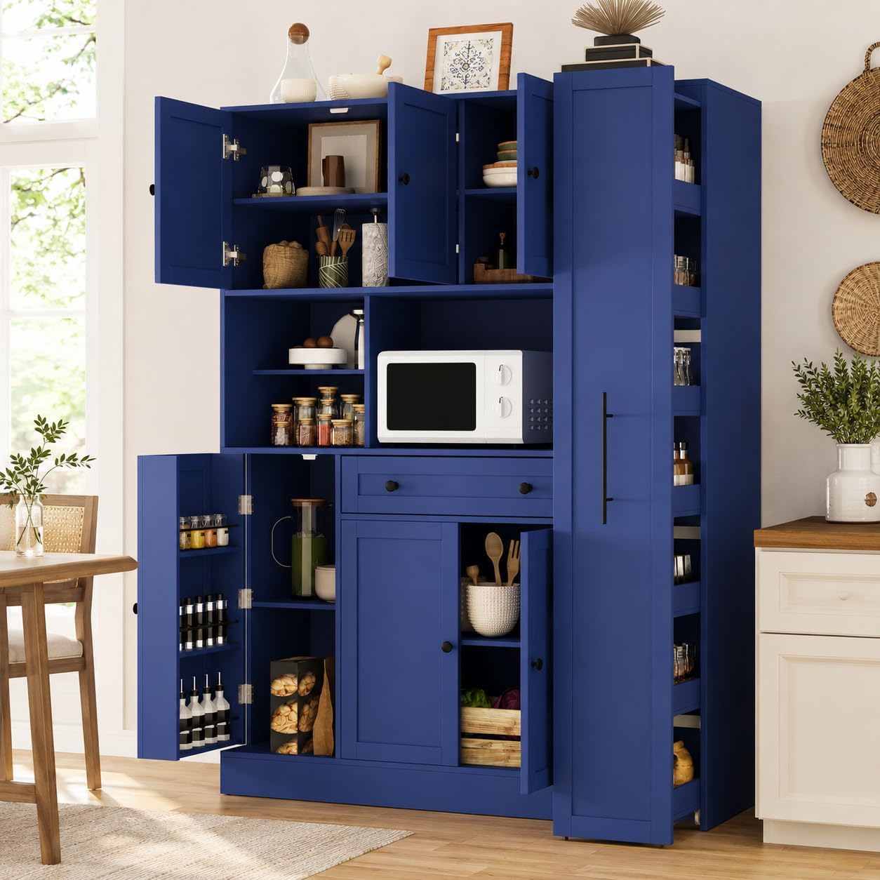 Buffet Cabinet with Hutch and Pull-Out Side Organizer, 70 in | P2 MDF, 6 doors, 5 adjustable shelves, 3-tier door shelves, pull-out side organizer with wheels, 52.8 W x 17.7 D x 70.1 H in
