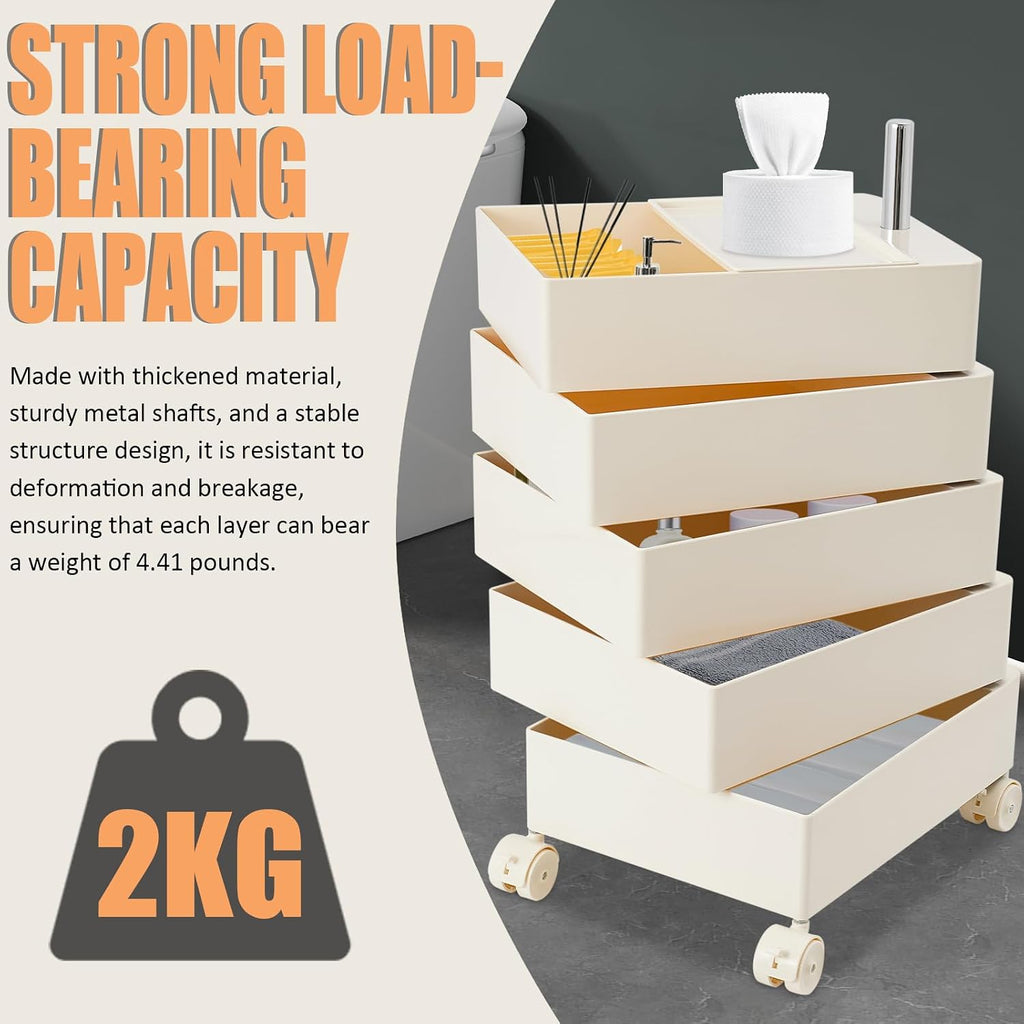 360° Movable Rotating Storage End Table Sofa Side Cabinet Laptop Bedside Table with 5 Tiers Shelves 4 Universal Casters for Living Room Bedroom Sofa Dormitory, White
