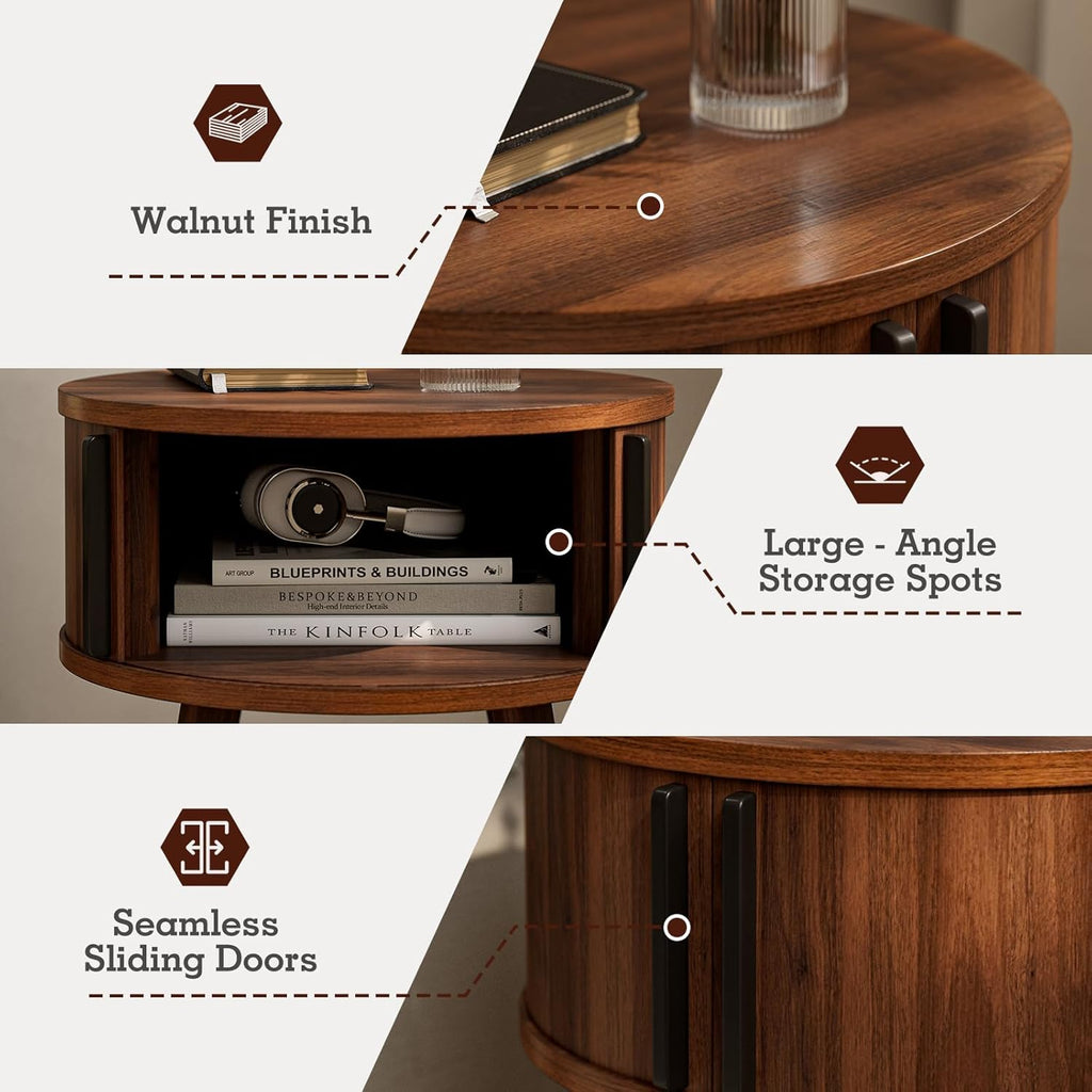 ZttRiee Side Table with Sliding Door & Cabinet, End Table for Living Room, Night Stand for Bedroom, Modern Bedside Table with Solid Wood Legs, Walnut