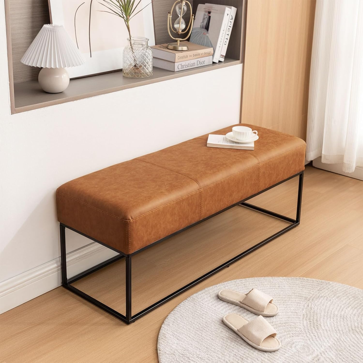 Leather Entryway Bench, Modern Long Faux Leather Ottoman Bench Seat with Metal Frame, 47'' Upholstered Bedroom Bench for Living Room Entryway Window, Vintage Brown