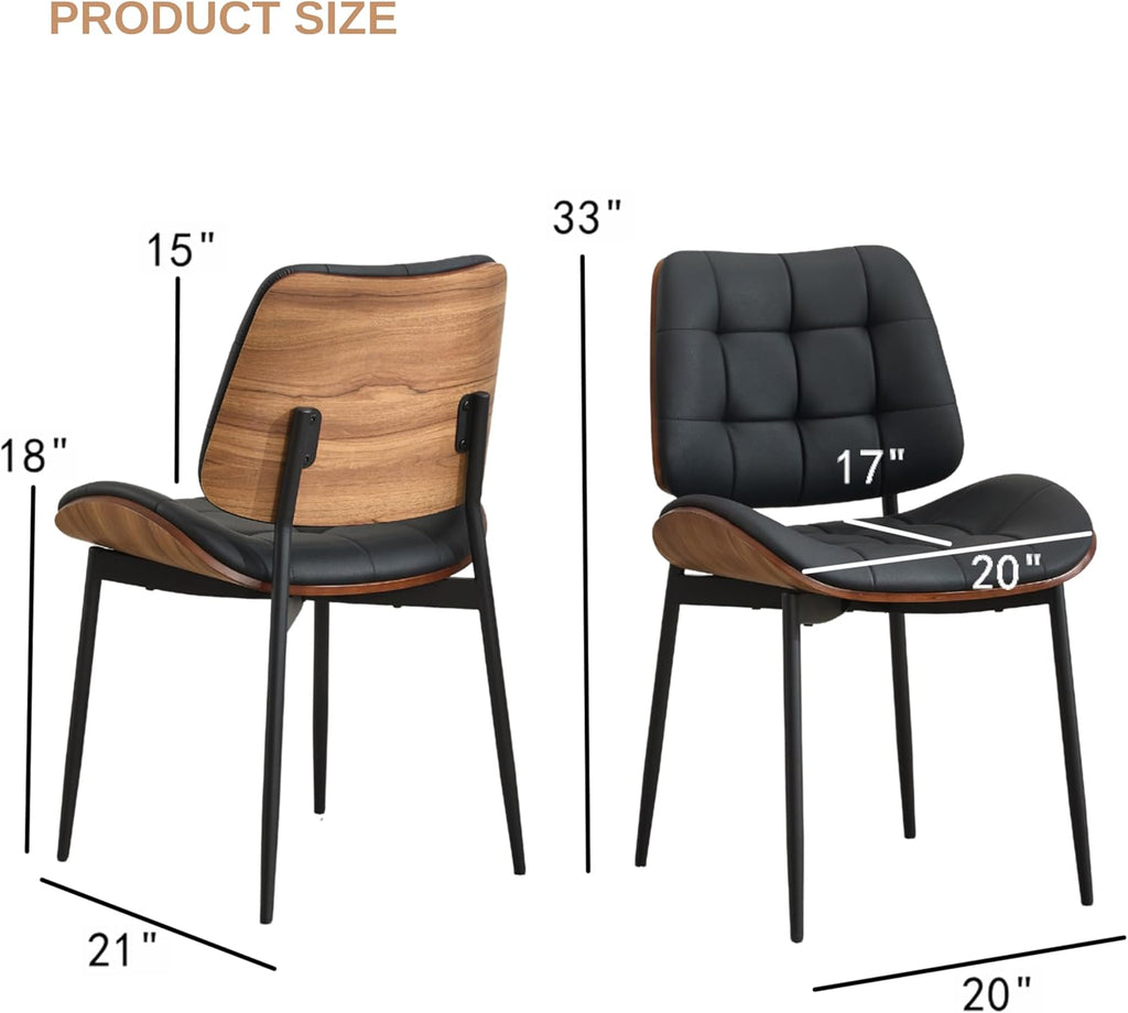 Upholstered Dining Chairs Set of 6, Mid Century Modern Faux Leather Dining Chairs with Walnut Bentwood Back and Metal Legs for Dining Room, Restaurant, Café, Black