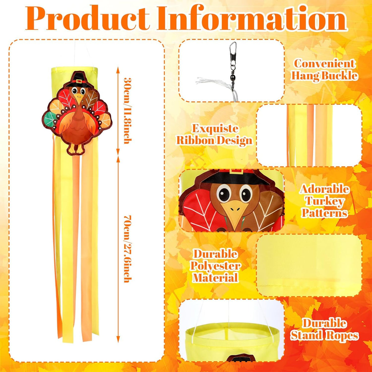 2 Pcs Thanksgiving Turkey Windsocks 40'' Fall Thanksgiving Outdoor Hanging Decoration Vintage Windsock with Pilgrim Hat Colorful Streamer for Autumn Party Farmhouse Window Yard Garden Decor