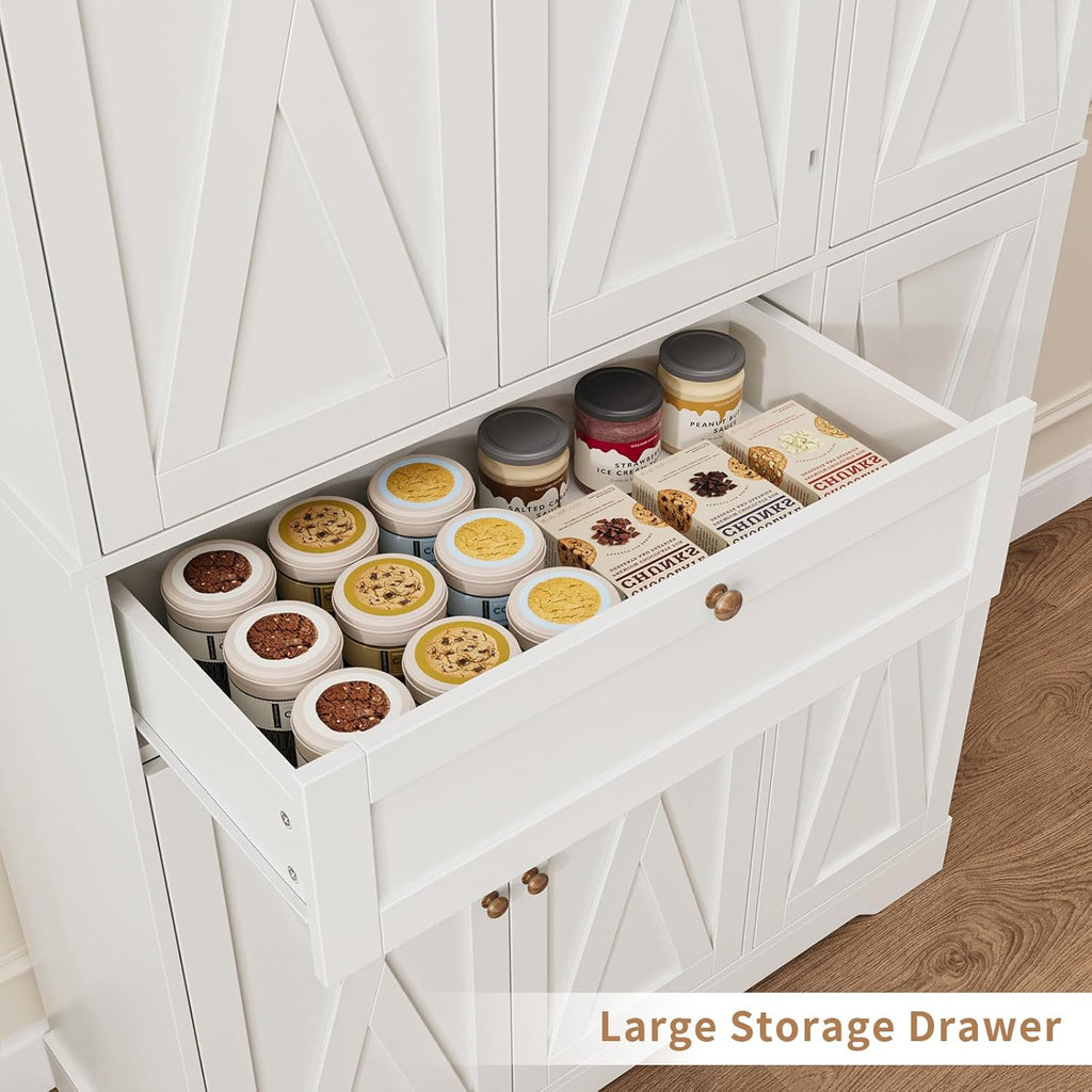 68" Tall Kitchen Pantry Stoarge Cabinet, Freestanding Kitchen Hutch with 6 Door Shelves & Large Drawer, Modern Food Pantry with Adjustable Shelf for Dining Room, Living Room, White