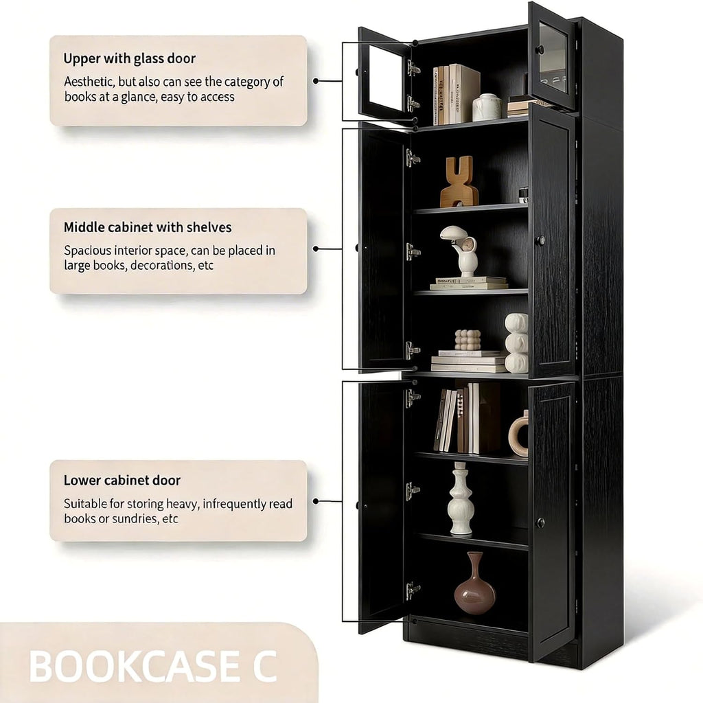 TUSY 85.5" Modern Tall Bookcase with Glass Doors, 7-Tier Wood Bookshelf with Storage for Home Office, Large Curio Cabinet for Living Room, Office, Bedroom, Family Room (Black, C)