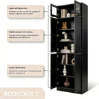 TUSY 85.5" Modern Tall Bookcase with Glass Doors, 7-Tier Wood Bookshelf with Storage for Home Office, Large Curio Cabinet for Living Room, Office, Bedroom, Family Room (Black, C)