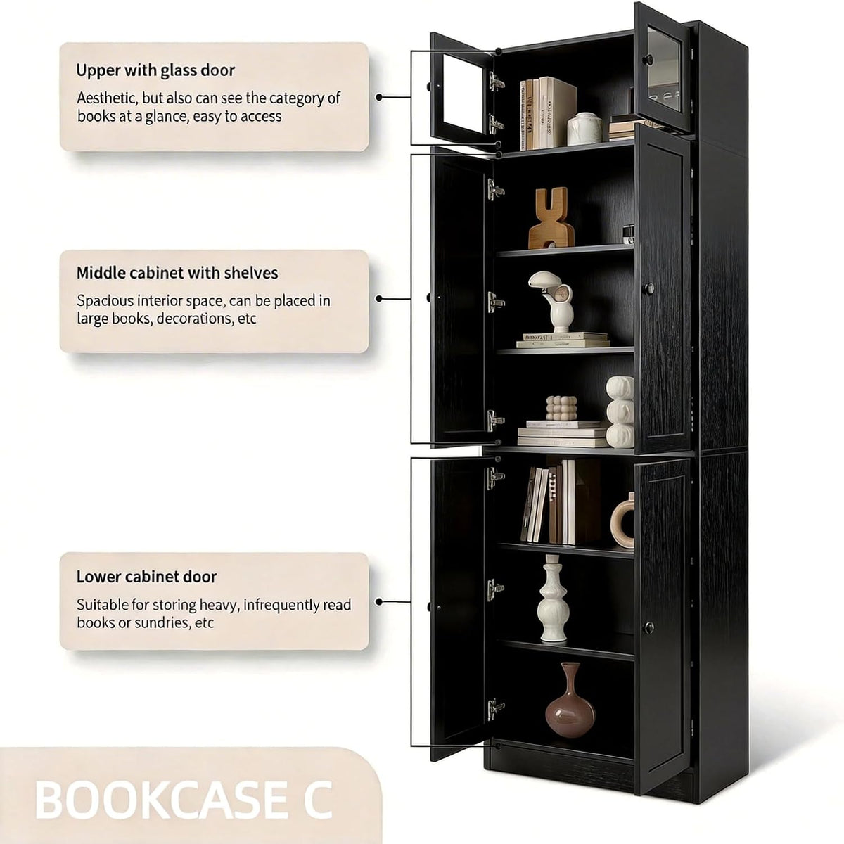 TUSY 85.5" Modern Tall Bookcase with Glass Doors, 7-Tier Wood Bookshelf with Storage for Home Office, Large Curio Cabinet for Living Room, Office, Bedroom, Family Room (Black, C)