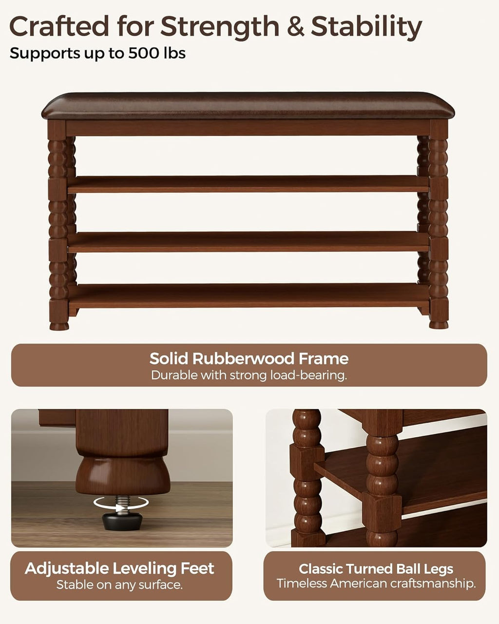 Homleke Solid Wood Shoe Storage Bench with Cushion,Classic Turned Ball Legs | 3-Tier Tall Entryway Bench with Leather Seat, Holds Up to 12 Pairs, for Hallway and Bedroom, Walnut, 39.4 Inch
