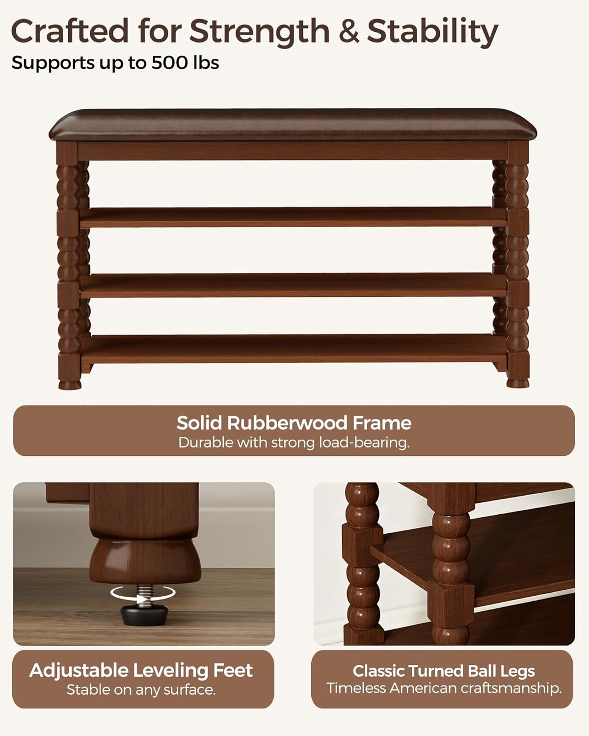 Homleke Solid Wood Shoe Storage Bench with Cushion,Classic Turned Ball Legs | 3-Tier Tall Entryway Bench with Leather Seat, Holds Up to 12 Pairs, for Hallway and Bedroom, Walnut, 39.4 Inch
