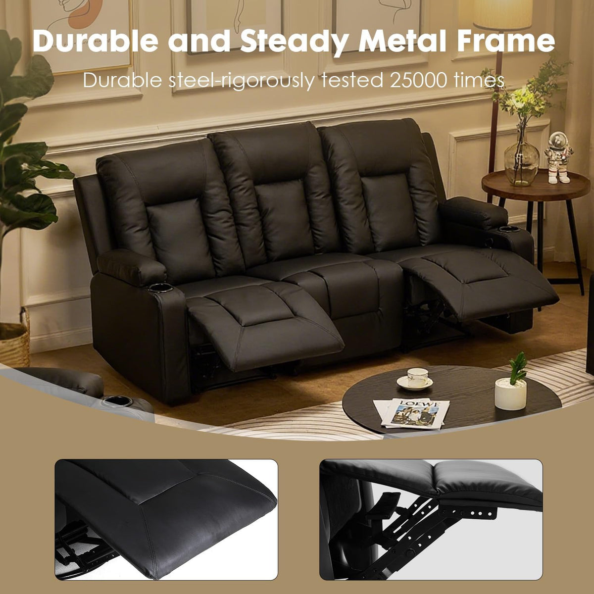 LUCKLIFE Faux Leather Recliner Sofa Set,Manual Living Room Furniture Sets | 3 Seat Reclining Sofa Couch and Loveseat with Cup Holders for Meeting Room,3+2