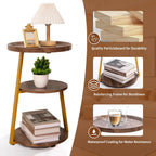 Small Round Side Table, 3-Tier End Table for Living Room, Wooden Nightstand Bedside Tables with Storage Shelf, Circle Accent Table for Bedroom, Office, Apartment (Walnut, Golden Frame)