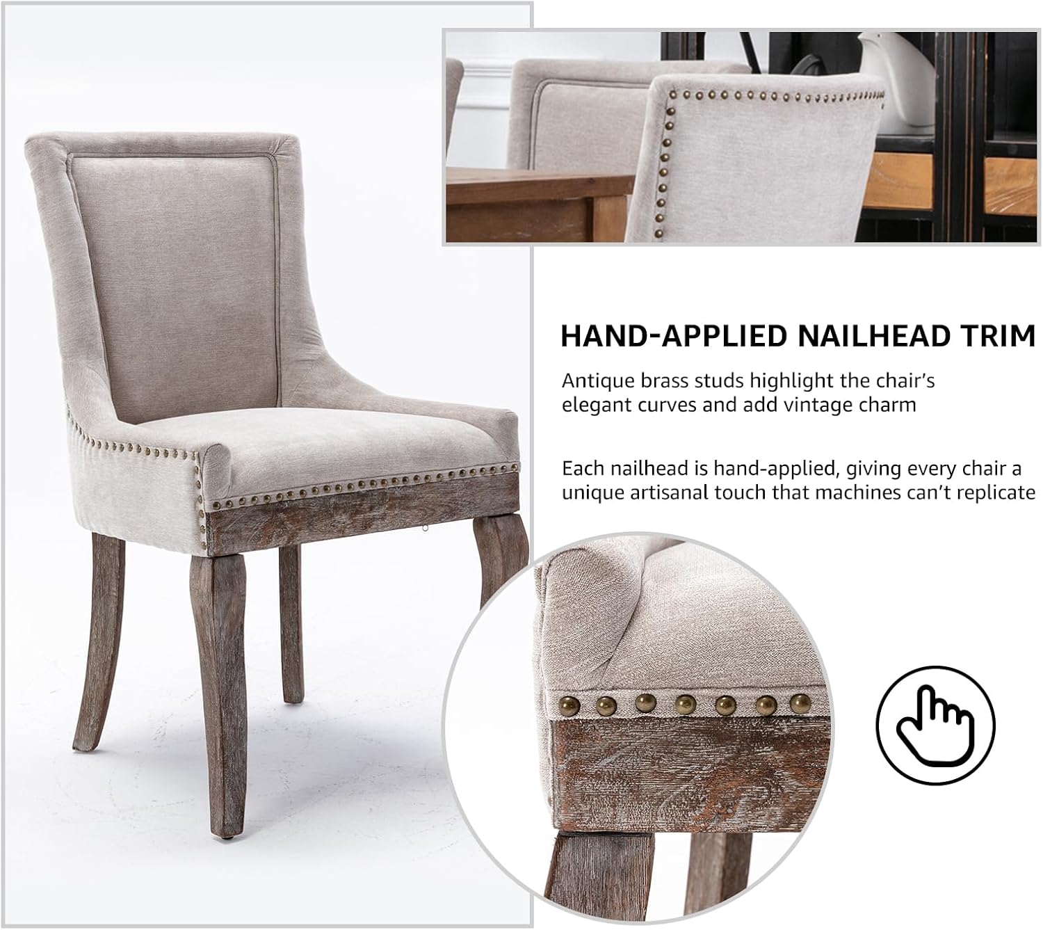 Modern Dining Chairs Set of 4, Fabric Upholstered High Back Chairs with Nailhead Trim and Curved Solid Wood Legs, Sillas de Comedor Accent Chairs for Dining Room, Beige