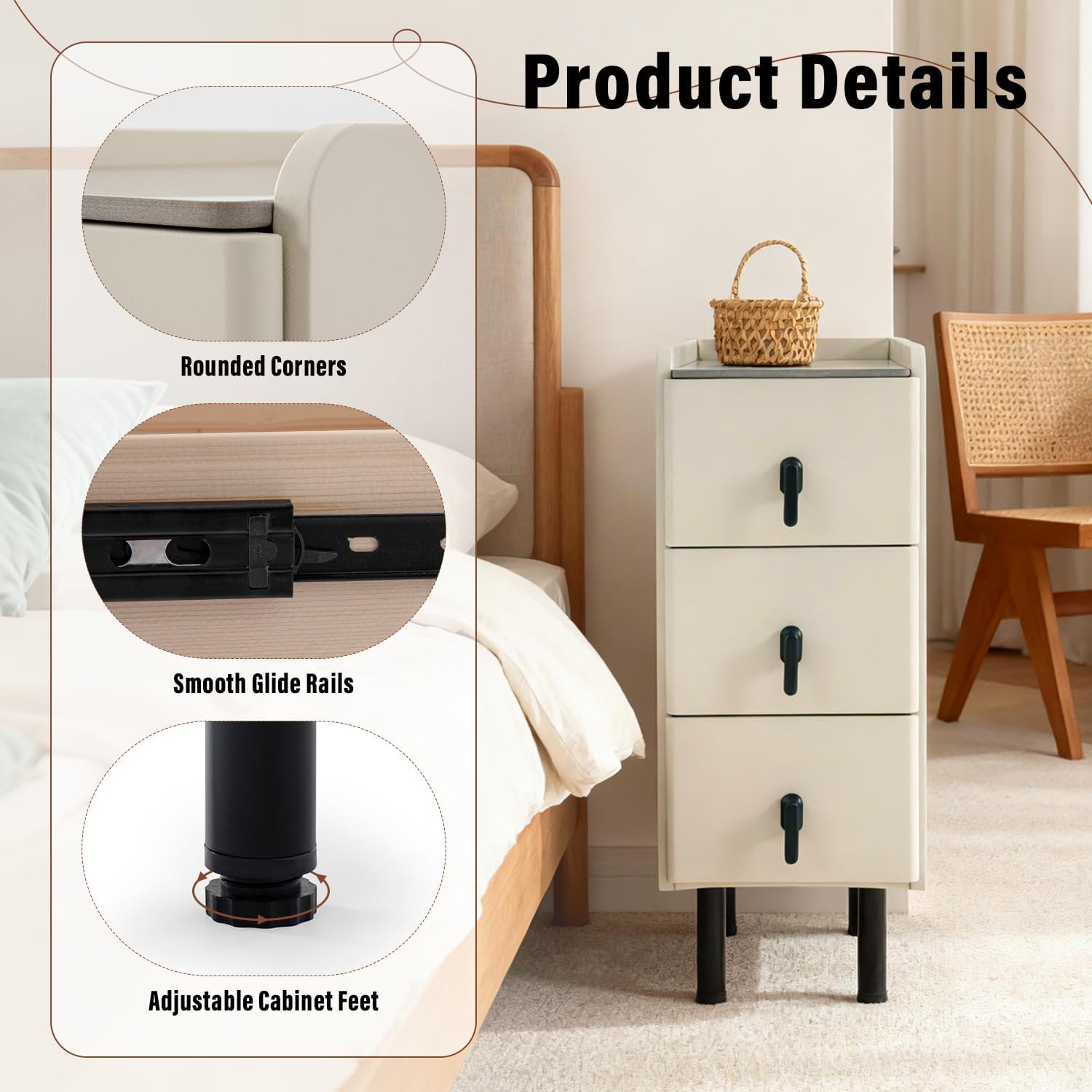 Homcosan Night Stand Small Size 9.84", Modern Minimalist Bedside Table with 3 Drawer, Easy Assembly, Narrow End Table for Small Space, Bedroom, Vanity, Dorm (Cream)