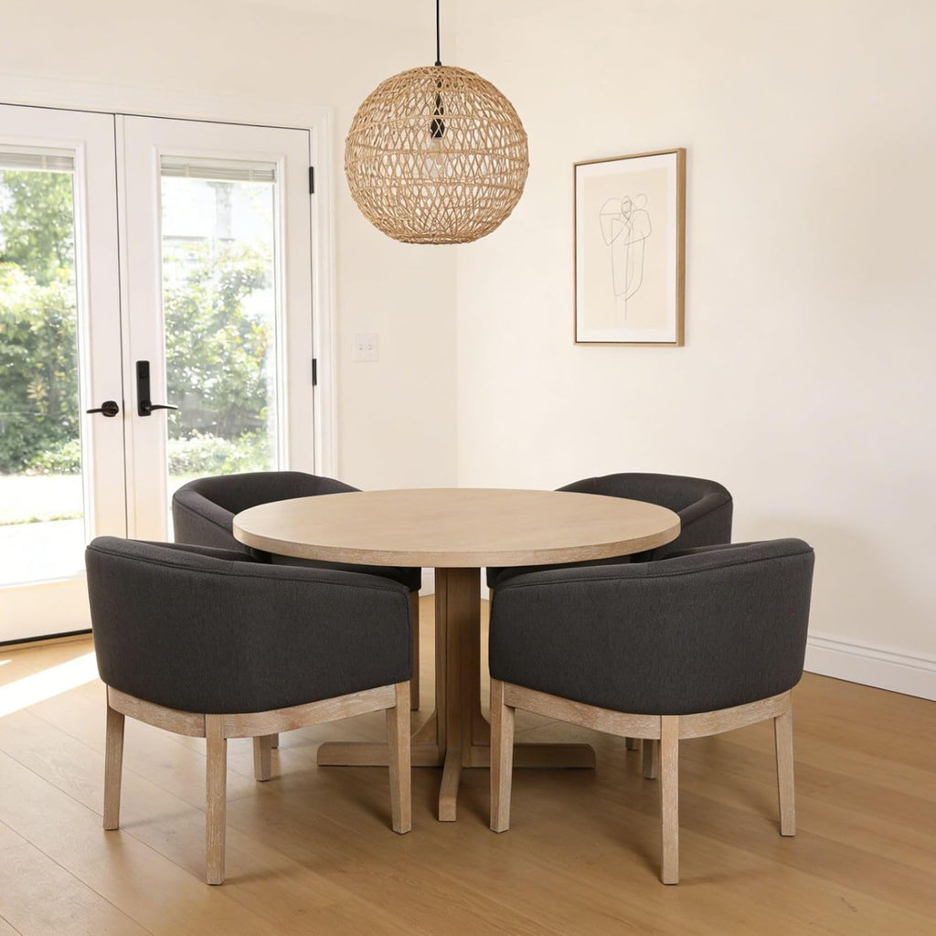Linen Dining Chairs Set of 4, Barrel Farmhouse Kitchen Chairs with Arms, Upholstered Side Chair with Solid Wood Legs for Dining Room, Bedroom,Gray