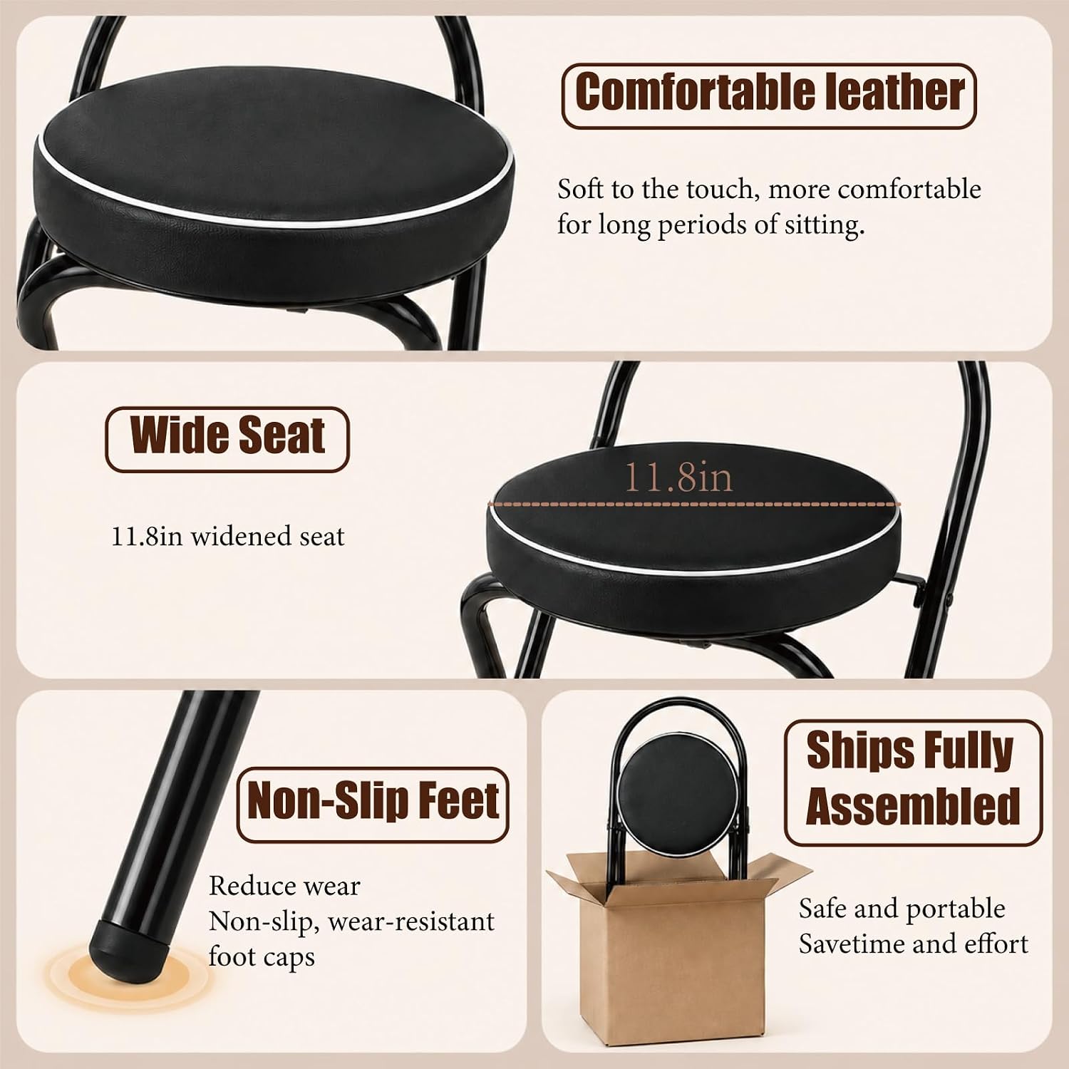 Folding Bar Stool with Backrest Counter Height Chair Padded Seat Cushion Space Saving Foldable Stool for Kitchen Island Extra Portable Indoor Seating(Black,25.6" Seat Height (65cm))