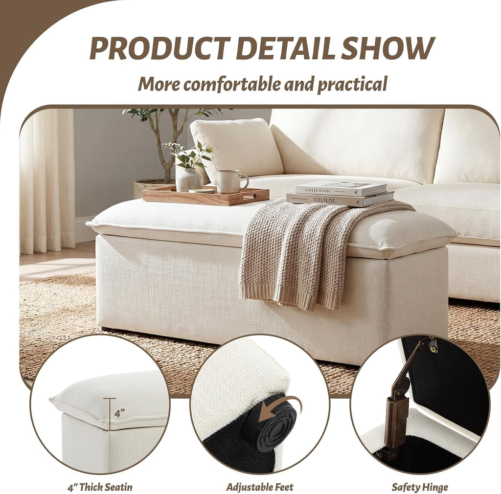 Ya-Home Modern Storage Bench Linen Fabric, Upholstered Storage Ottoman Entryway Bench with Seating for Bedroom Living Room, Beige