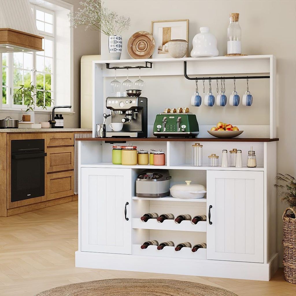 47Inch Buffet Sideboard with Power Outlets Farmhouse Coffee Bar Cabinet with Storage, Large Buffet Storage Cabinet Table with Wine Racks, Goblet Holder, Hooks for Kitchen, Dining Room, Entryway, White