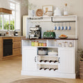 47Inch Buffet Sideboard with Power Outlets Farmhouse Coffee Bar Cabinet with Storage, Large Buffet Storage Cabinet Table with Wine Racks, Goblet Holder, Hooks for Kitchen, Dining Room, Entryway, White