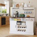 47Inch Buffet Sideboard with Power Outlets Farmhouse Coffee Bar Cabinet with Storage, Large Buffet Storage Cabinet Table with Wine Racks, Goblet Holder, Hooks for Kitchen, Dining Room, Entryway, White