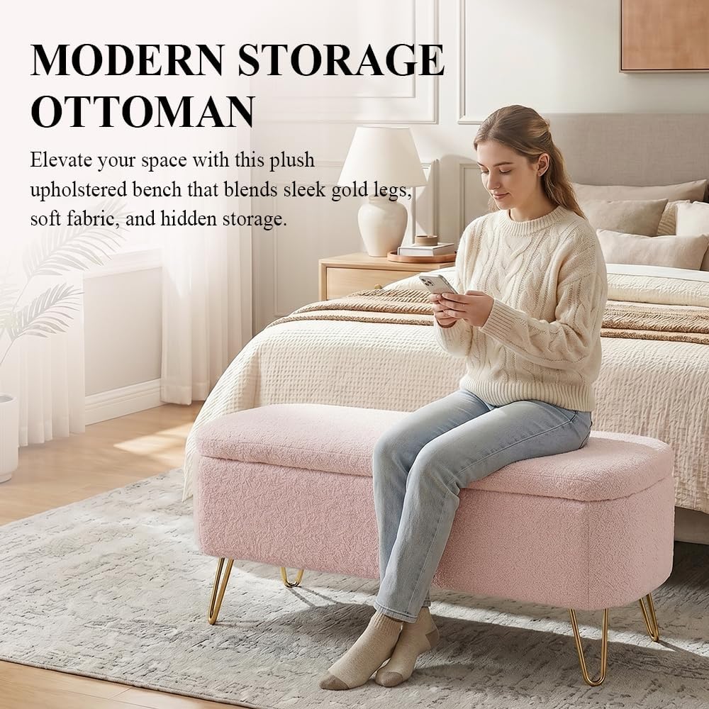 Modern Storage Ottoman Bench, Teddy Upholstered Entryway Bench with Gold Legs, Vintage End of Bed Bench with Safety Hinge, Padded Bench with Storage for Living Room, Bedroom, Entryway (Pink)