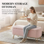 Modern Storage Ottoman Bench, Teddy Upholstered Entryway Bench with Gold Legs, Vintage End of Bed Bench with Safety Hinge, Padded Bench with Storage for Living Room, Bedroom, Entryway (Pink)